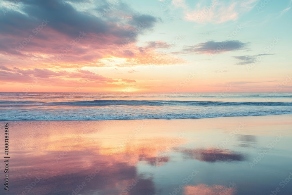 Obraz premium Sunset Reflection on Calm Ocean Waves and Sandy Beach