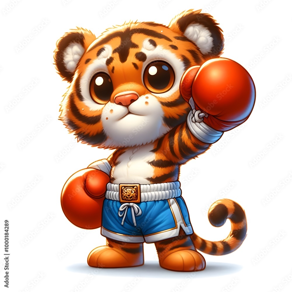 A cute cartoon tiger cub dressed as a boxer, wearing red gloves and shorts, ready to fight. white background A cute cartoon tiger cub dressed as a boxer, wearing red gloves and shorts, ready to fight. white background