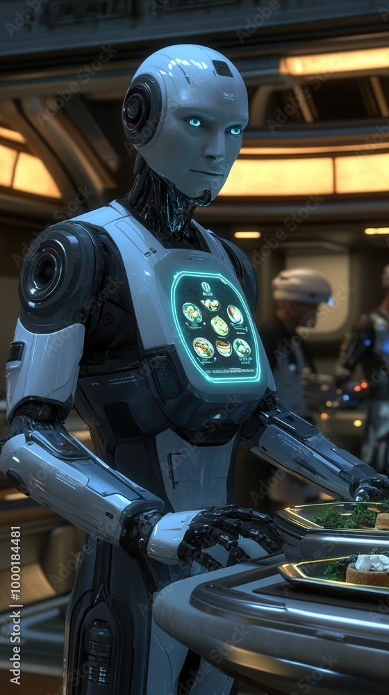 A futuristic robot serving food in a sci-fi environment, showcasing advanced technology and a sleek design. A futuristic robot serving food in a sci-fi environment, showcasing advanced technology and a sleek design.