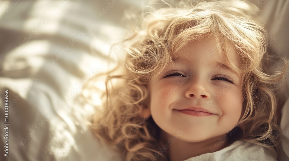 A cheerful young girl with curly, golden hair beams with joy while resting in soft bedding, soaking in sunlight A cheerful young girl with curly, golden hair beams with joy while resting in soft bedding, soaking in sunlight