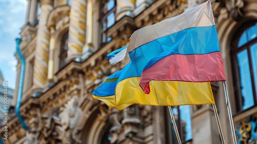 Naklejka premium National flag of Ukraine on the facade of building in Lviv, Ukraine