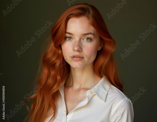 A young, fair-skinned woman with long, wavy red hair and green eyes wearing a white shirt, studio shot photo