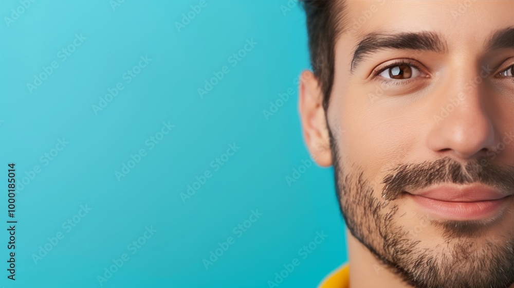 Close-up Portrait of a Smiling Man Against a Blue Background - Studio Photography Close-up Portrait of a Smiling Man Against a Blue Background - Studio Photography