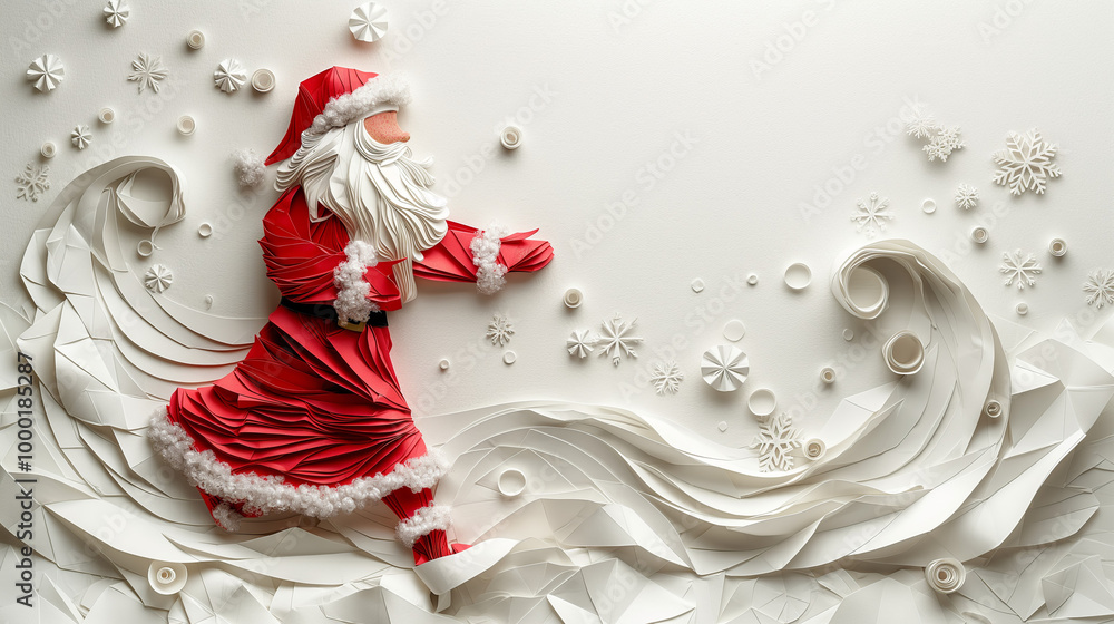 An artistic representation of Santa Claus in intricate paper origami style, isolated on a clean white background. The design highlights festive elements, allowing for ample copy space to incorporate c An artistic representation of Santa Claus in intricate paper origami style, isolated on a clean white background. The design highlights festive elements, allowing for ample copy space to incorporate c