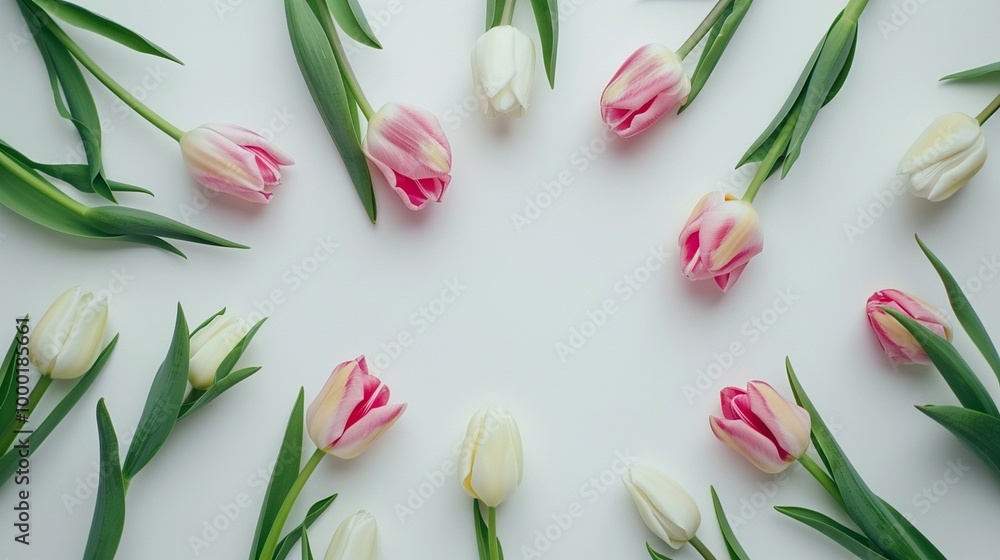 Pink and white tulips arranged on a light-colored background. Pink and white tulips arranged on a light-colored background.
