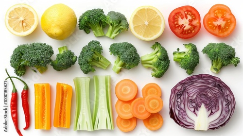 mix set collection vegetable fresh isolated on white background broccoli lemon celery carrot cabbage sweet pepper onion pea cauliflower photo