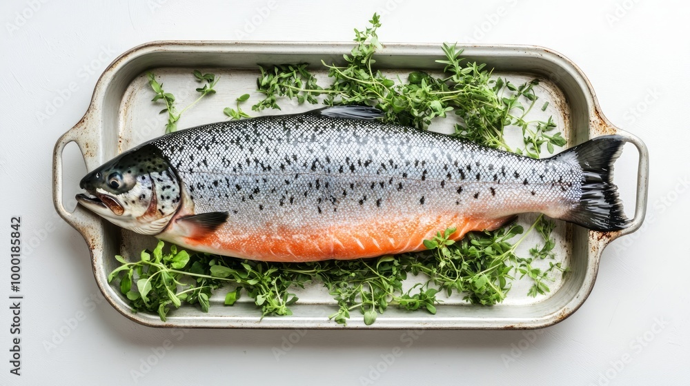 Raw uncooked sea salmon whole fish in a tray with herbs. White background. Top view Raw uncooked sea salmon whole fish in a tray with herbs. White background. Top view