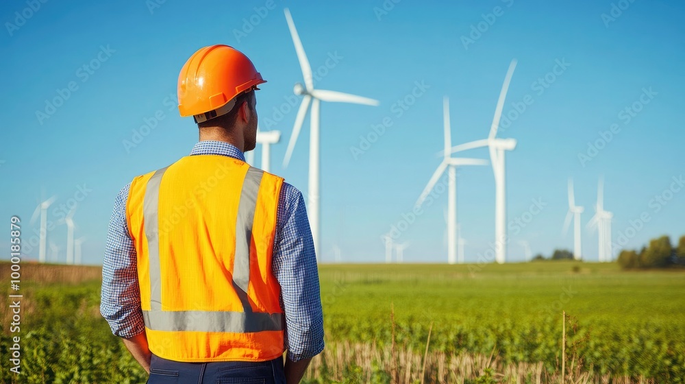 Engineer standing in a field at a wind farm Engineer standing in a field at a wind farm