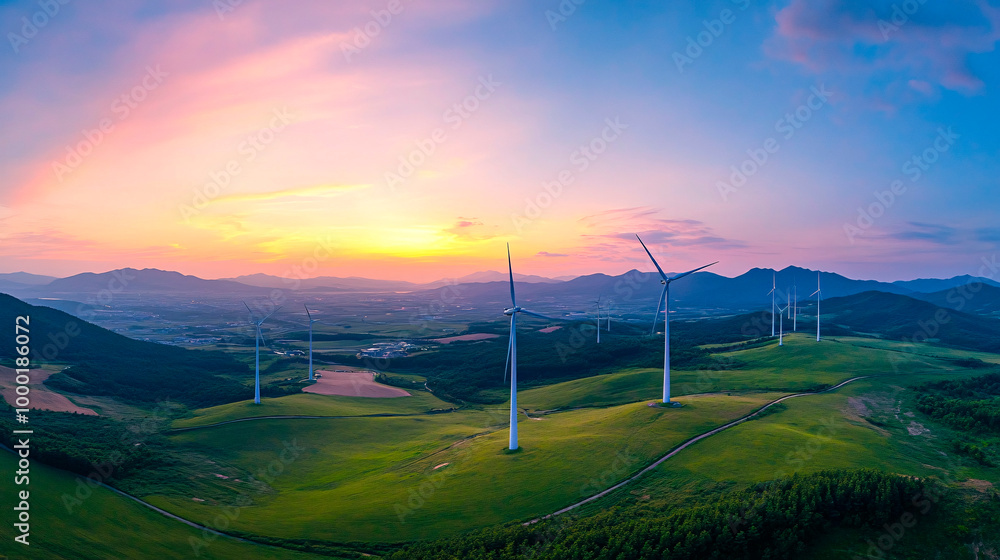 Panoramic View of Korean Wind Power Plant with Wind Turbines at Twilight Panoramic View of Korean Wind Power Plant with Wind Turbines at Twilight
