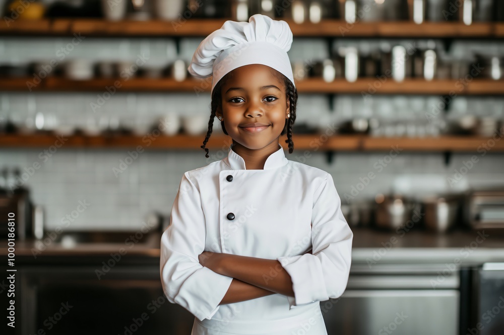 Adorable young aspiring chef standing proudly in a modern kitchen, wearing a chef's uniform with her arms crossed, exuding confidence and passion for the culinary arts Adorable young aspiring chef standing proudly in a modern kitchen, wearing a chef's uniform with her arms crossed, exuding confidence and passion for the culinary arts