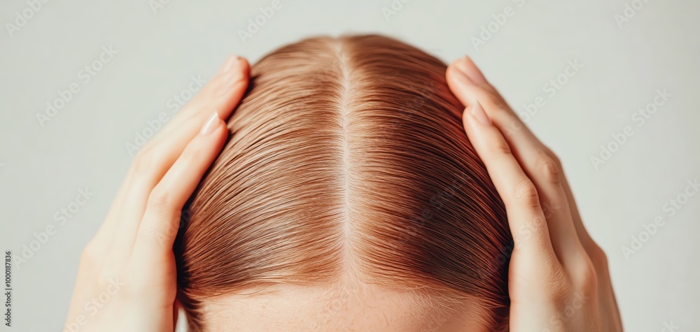 Naklejka premium A close-up view of a woman holding her head with a focused expression.