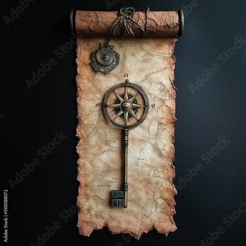 Handmade paper scroll with key and a compass  photo