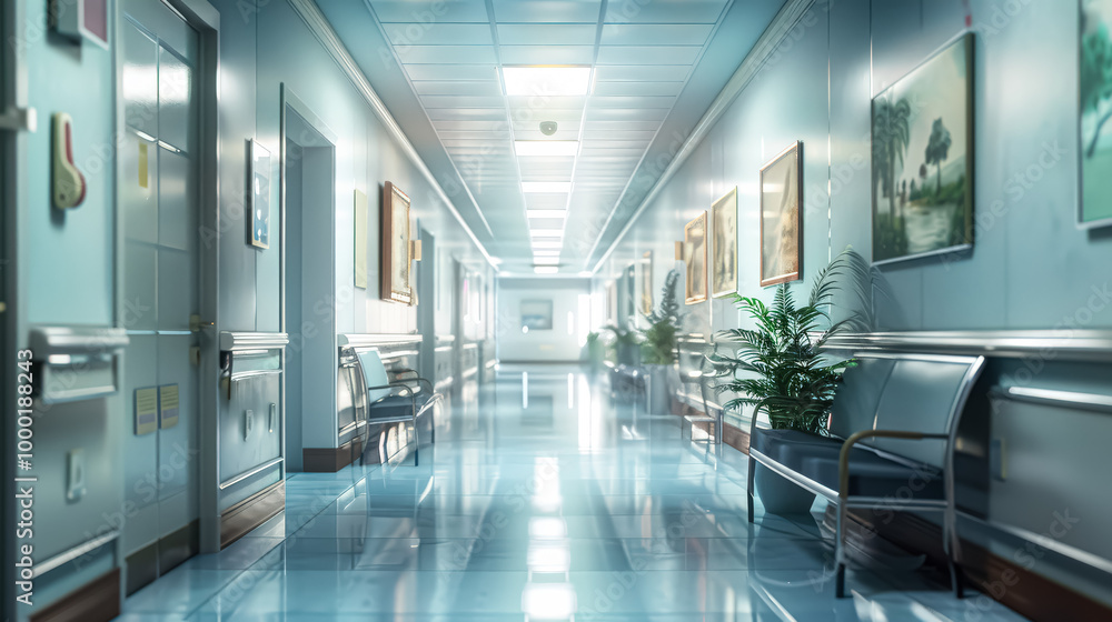 Long hallway with white walls and a white ceiling. The walls are decorated with posters and there is a plant in the middle of the hallway. The hallway is empty and the light is on Long hallway with white walls and a white ceiling. The walls are decorated with posters and there is a plant in the middle of the hallway. The hallway is empty and the light is on