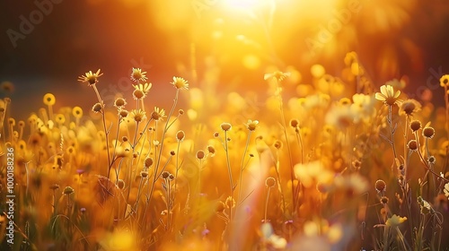 Sunset on the meadow with yellow flowers. Nature background