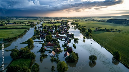 A rural area flooded after heavy rain, where fields are submerged, and only the tops of trees and roofs are visible above the water