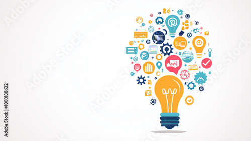 Lightbulb made of interconnected gears and icons representing business and creativity, complex ideas, mechanical creativity in business, flat design