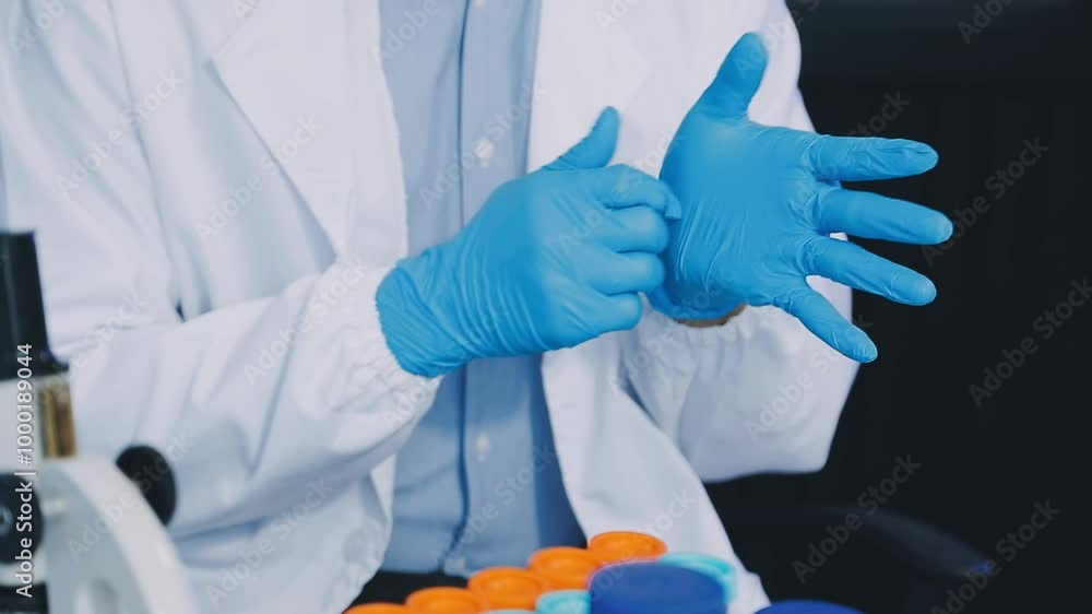 Closeup of unrecognisable scientist or doctor putting on sterile gloves. Closeup of unrecognisable scientist or doctor putting on sterile gloves.
