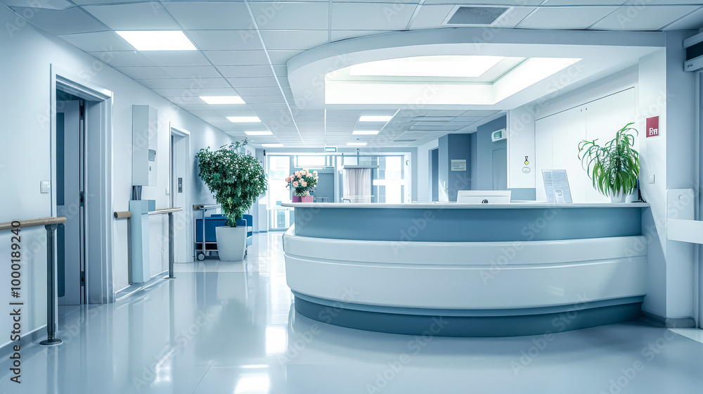 Hospital lobby with a large reception desk. The reception desk is blue and white. There are potted plants in the lobby Hospital lobby with a large reception desk. The reception desk is blue and white. There are potted plants in the lobby