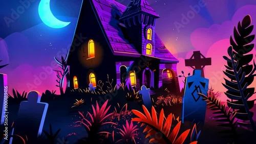 Spooky night scene with haunted house and glowing gravestones under crescent moon