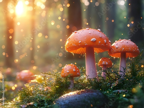 Enchanted Forest: Red Mushrooms in Sunlight