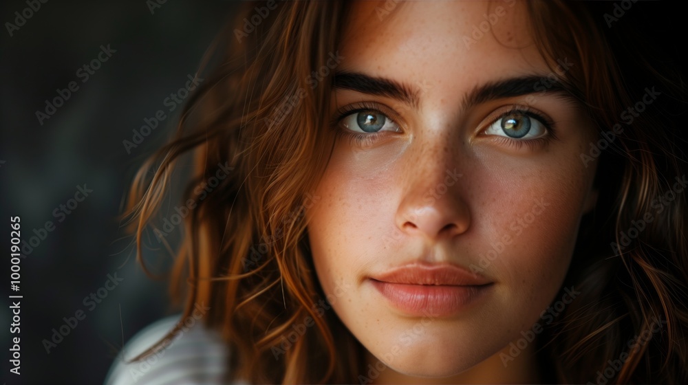 Striking Portrait of a Young Woman with Natural Beauty and Freckles Striking Portrait of a Young Woman with Natural Beauty and Freckles