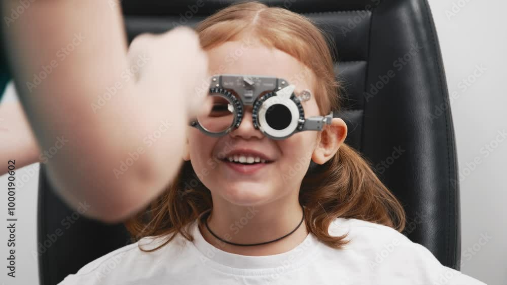 A little girl wearing glasses undergoes vision diagnostics in an ophthalmologist's office. An example of modern methods for diagnosing and treating children's vision. A little girl wearing glasses undergoes vision diagnostics in an ophthalmologist's office. An example of modern methods for diagnosing and treating children's vision.