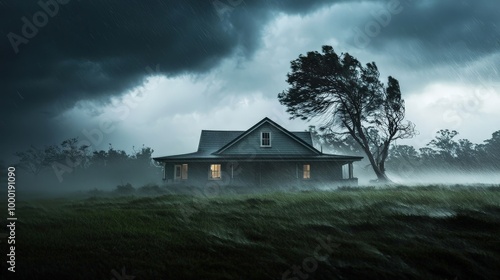 A rural house being hit by a sudden storm, with trees bending under the wind and rain splattering against the windows