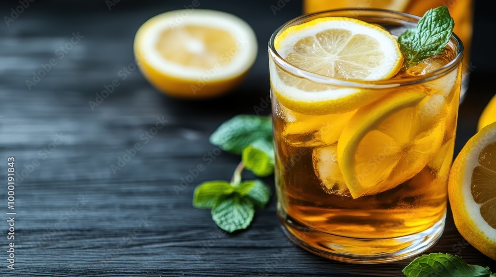 Iced tea with lemon slices and mint leaves on a dark background, showcasing the refreshing and vibrant characteristics of the beverage, ideal for a hot summer day. Iced tea with lemon slices and mint leaves on a dark background, showcasing the refreshing and vibrant characteristics of the beverage, ideal for a hot summer day.