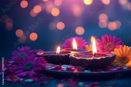 Happy Diwali. Deepavali Hindu festival of lights celebration. Clay diya candle. Oil lamp lit, copy space photo