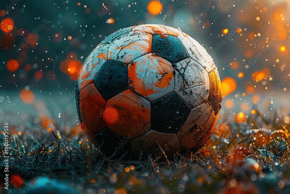 Naklejka premium Soccer ball dirty on green grass of football field, close-up.