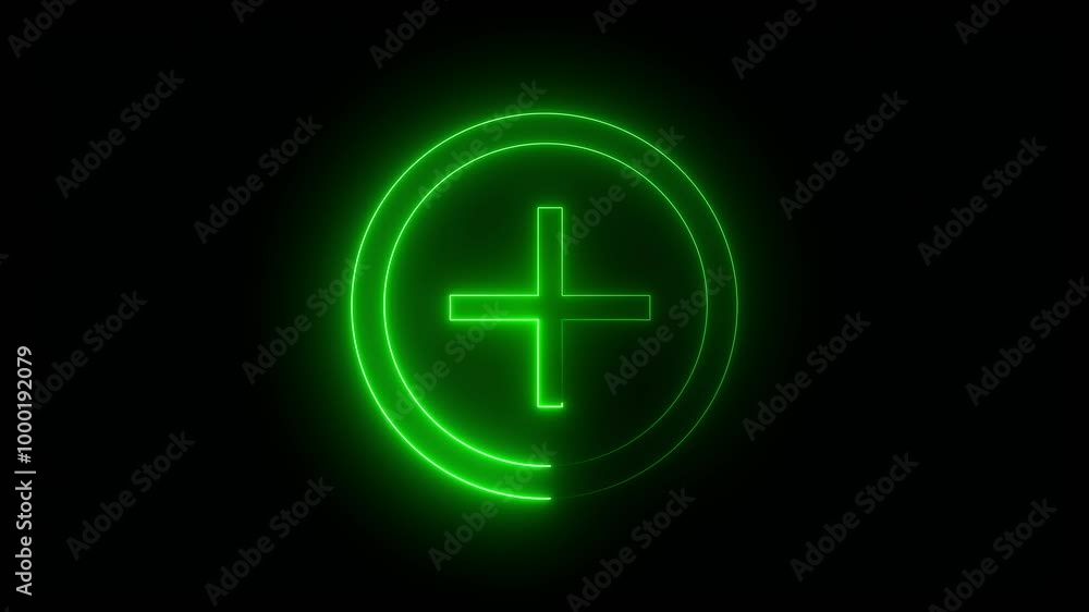 Abstract 3d rendering glowing neon symbol of circle and plus icon on black background. Abstract 3d rendering glowing neon symbol of circle and plus icon on black background.