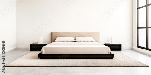 Modern minimalistic bedroom with a neutral color palette and large windows providing natural light during the day