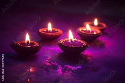 Happy Diwali. Deepavali Hindu festival of lights celebration. Clay diya candle. Oil lamp lit, copy space