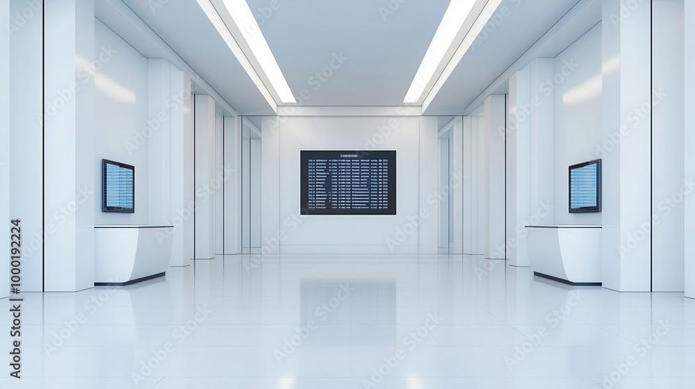 High-tech bank lobby with touch screen counters, a digital stock ticker, and a central light sculpture, Futuristic, clean lines, high contrast High-tech bank lobby with touch screen counters, a digital stock ticker, and a central light sculpture, Futuristic, clean lines, high contrast