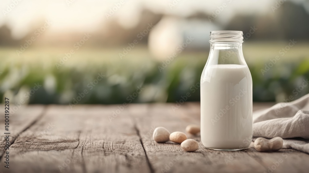 Feature of a milk bottle placed on a rustic wooden table in a peaceful outdoor environment, epitomizing natural and simple living with fresh dairy products. Feature of a milk bottle placed on a rustic wooden table in a peaceful outdoor environment, epitomizing natural and simple living with fresh dairy products.