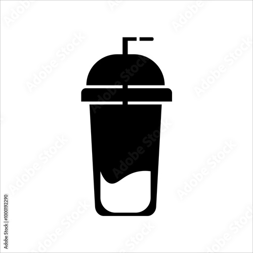 Drink cup with straw icon, fast food theme, minimalistic design, black and white contrast, clean lines, rounded top, beverage representation, modern fast food aesthetic.