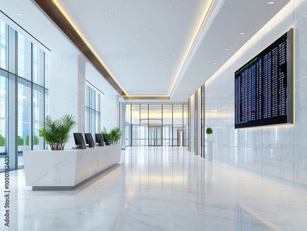 Bank lobby with digital financial screens, sleek counters, and marble floors, Corporate modern, soft lighting, clean lines Bank lobby with digital financial screens, sleek counters, and marble floors, Corporate modern, soft lighting, clean lines