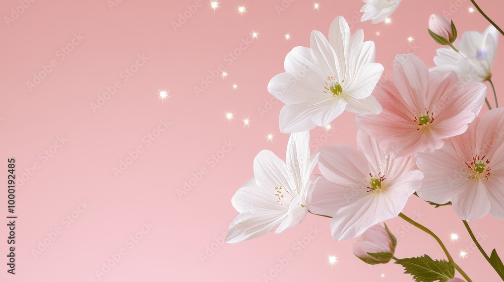 Delicate pink flowers with sparkling lights on a pink background, symbolizing beauty, nature, innocence, hope, and new beginnings. Delicate pink flowers with sparkling lights on a pink background, symbolizing beauty, nature, innocence, hope, and new beginnings.