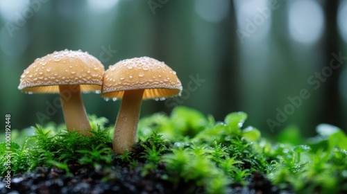 Two mushrooms dotted with dewdrops stand on a forest floor, surrounded by lush green moss, capturing the serene beauty and delicate essence of a woodland ecosystem. photo