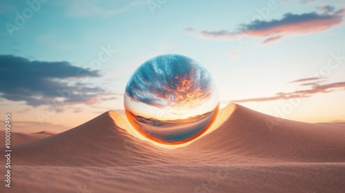 A massive, metallic sphere, half buried in the sand, emits a pulsating light, creating a surreal image of an alien artifact on a desolate planet. photo