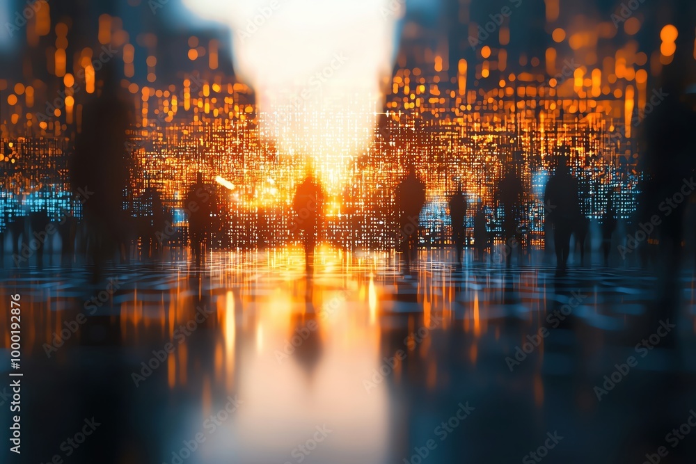 Obraz premium Silhouettes of people against a vibrant sunset backdrop, creating a mesmerizing urban atmosphere filled with golden light.