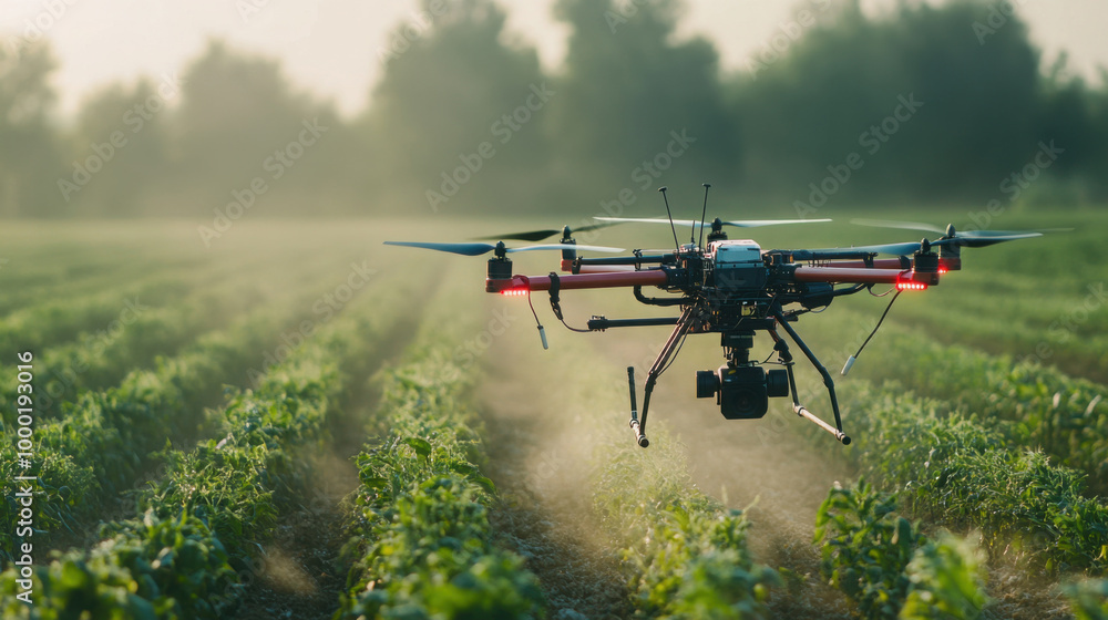Agricultural drone flying low over crop field during early morning light, performing precision farming tasks and aerial surveillance Agricultural drone flying low over crop field during early morning light, performing precision farming tasks and aerial surveillance