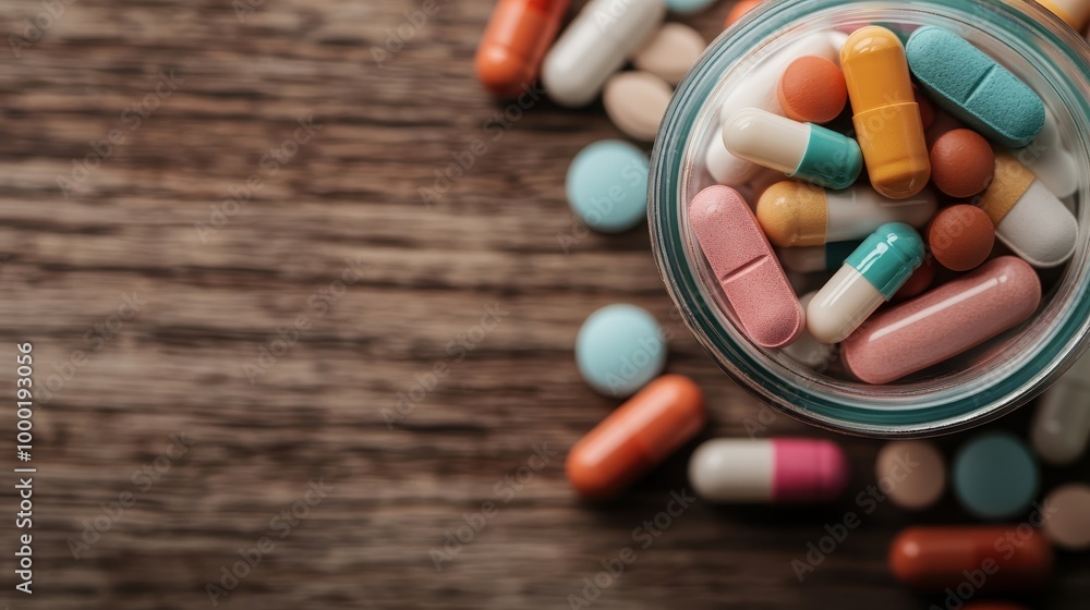 A clear glass jar filled with a mix of colorful pills, placed on a rustic wooden table, illustrating the bright and varied pharmaceutical possibilities in modern healthcare. A clear glass jar filled with a mix of colorful pills, placed on a rustic wooden table, illustrating the bright and varied pharmaceutical possibilities in modern healthcare.