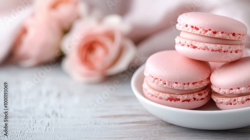 Three delectable pink macarons beautifully arranged on a simple white dish, enhanced by the presence of soft and elegant pink roses in the background.