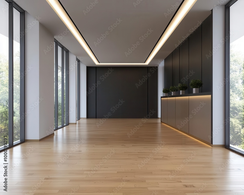 Obraz premium Modern bank interior with digital counters, glass walls, and wooden floors, Contemporary minimalism, warm lighting, realistic detail