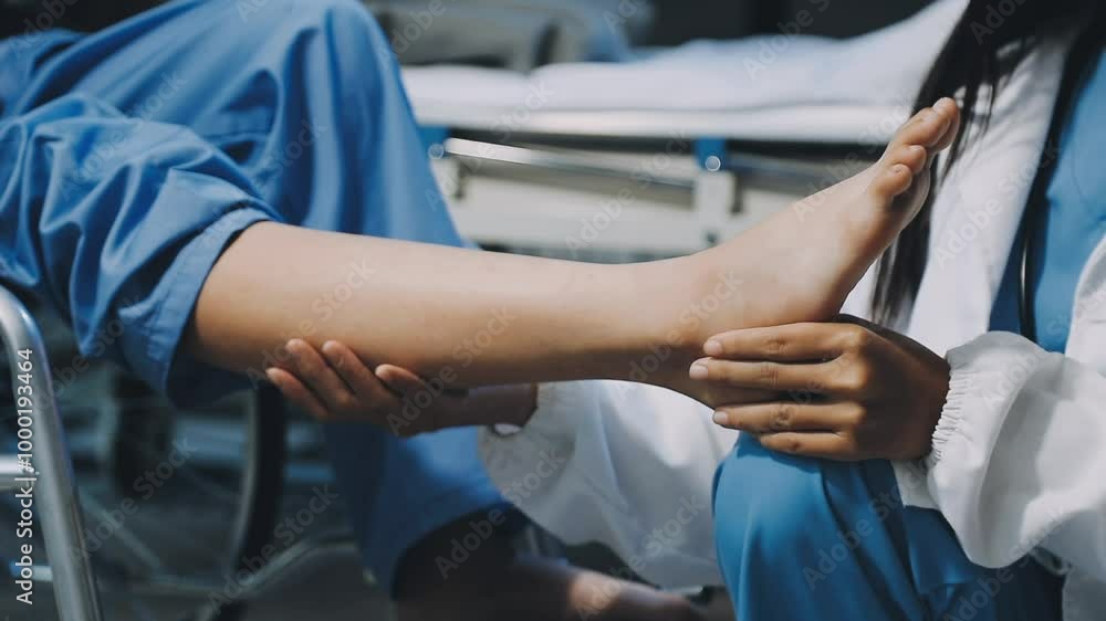 Senior woman, rehabilitation and help for foot injury, disability or pain in nursing home. Physiotherapist, doctor and treatment for feet, ankle or legs with physical therapy, elderly care and nurse Senior woman, rehabilitation and help for foot injury, disability or pain in nursing home. Physiotherapist, doctor and treatment for feet, ankle or legs with physical therapy, elderly care and nurse