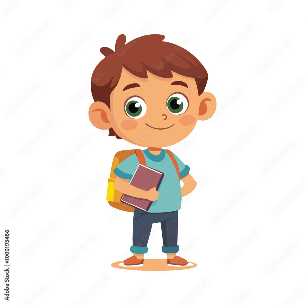 Cute Boy with Backpack and Book Cartoon Vector Icon Illustration on a White Background Cute Boy with Backpack and Book Cartoon Vector Icon Illustration on a White Background