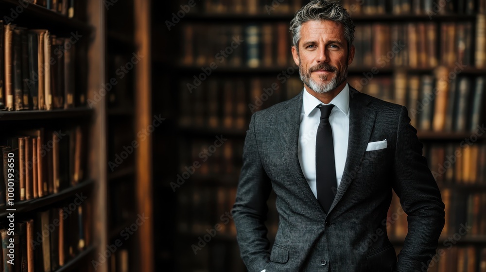 An elegant man in a gray suit poses in a classic library filled with books, representing authority and sophistication. His gray hair and glasses add to his refined demeanor. An elegant man in a gray suit poses in a classic library filled with books, representing authority and sophistication. His gray hair and glasses add to his refined demeanor.