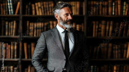 Distinguished gentleman in a textured grey suit with an elegant tie stands against a rich, wooden bookcase background providing an intellectual ambiance.