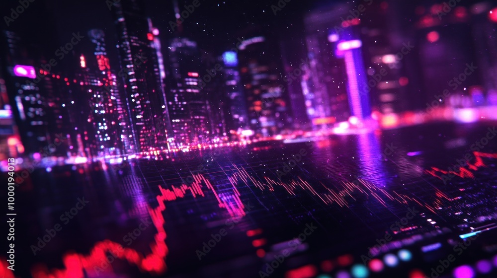A dynamic urban landscape illuminated with colorful lights and digital data displays showing market trends A dynamic urban landscape illuminated with colorful lights and digital data displays showing market trends